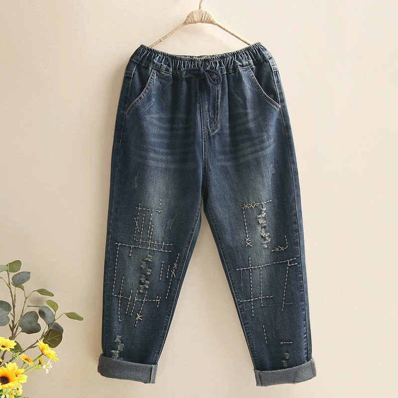 

New Arrival Spring Women all-matched Casual Loose Cotton Denim Harem Pants Vintage Embroidery Elastic Waist Ripped Jeans S567