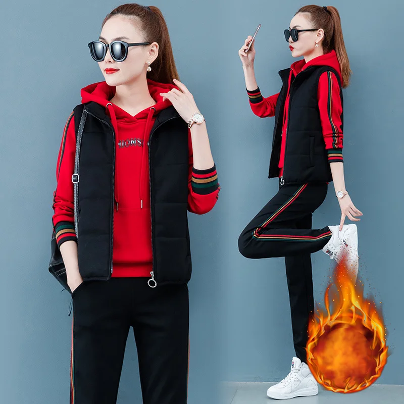 Плюс толстый Комплект из трех предметов спортивная одежда женские толстовки