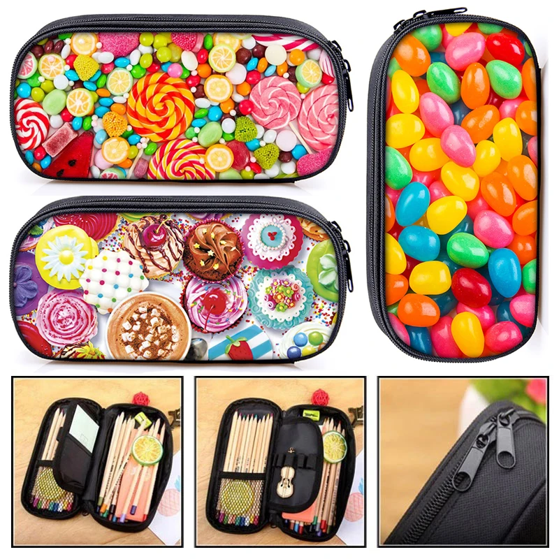 

Donuts / Candy / Sandwich Print Pencil Case Ladies Canvas Portable for Travel Large Capacity Pencil Box Women Cute Makeup Box