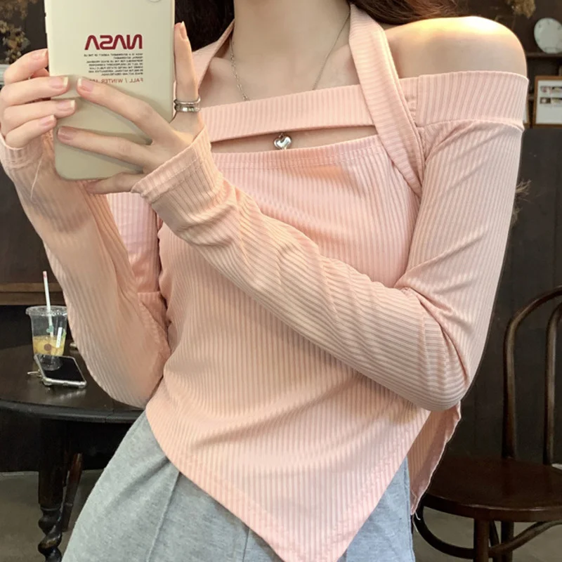 

Футболка женская с длинным рукавом, прямая пикантная облегающая Асимметричная рубашка с открытыми плечами и длинным рукавом, для ранней ос...