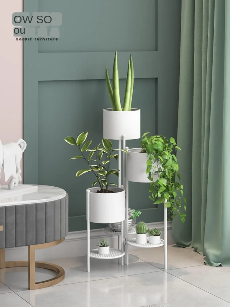 Nordic Living Room Wrought Iron Flower Stand Floor-standing Foldable Green Rack Three-layer Integrated Plant Metal Shelf | Мебель