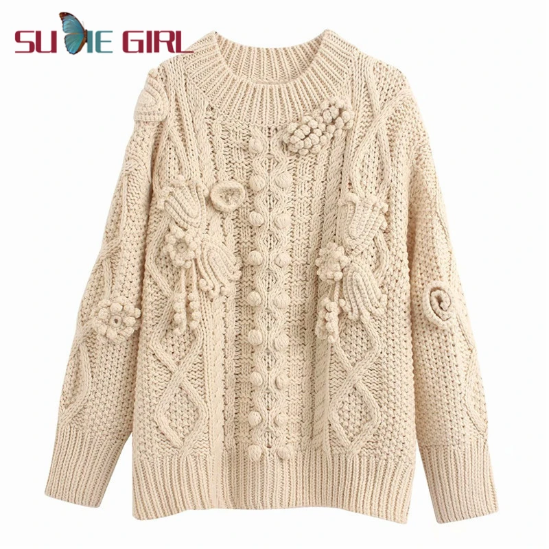 

SUDIE Girl Ladies sweater solid color loose loose wild round neck long sleeve crochet knitted sweater