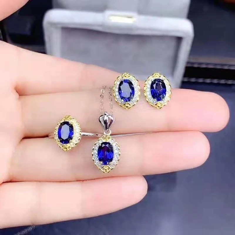 

Natural Sapphire S925 Sterling Silver Earring Ring Pendant Necklace Set for Anniversary Gift Fine Jewelry for Women MeibaPJ FS