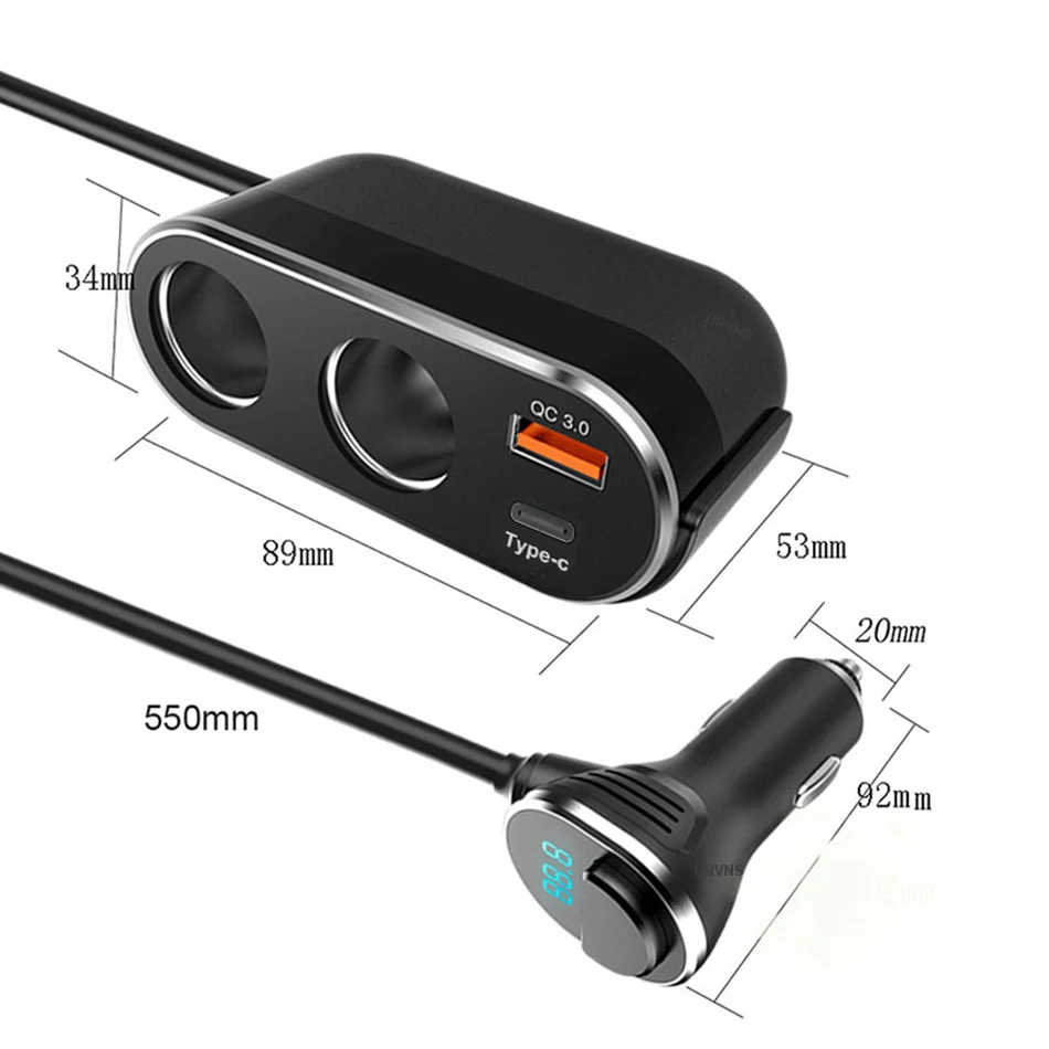Автомобильное зарядное устройство URVNS 132 Вт с двумя разъемами QC3.0 для iPhone Samsung Xiaomi
