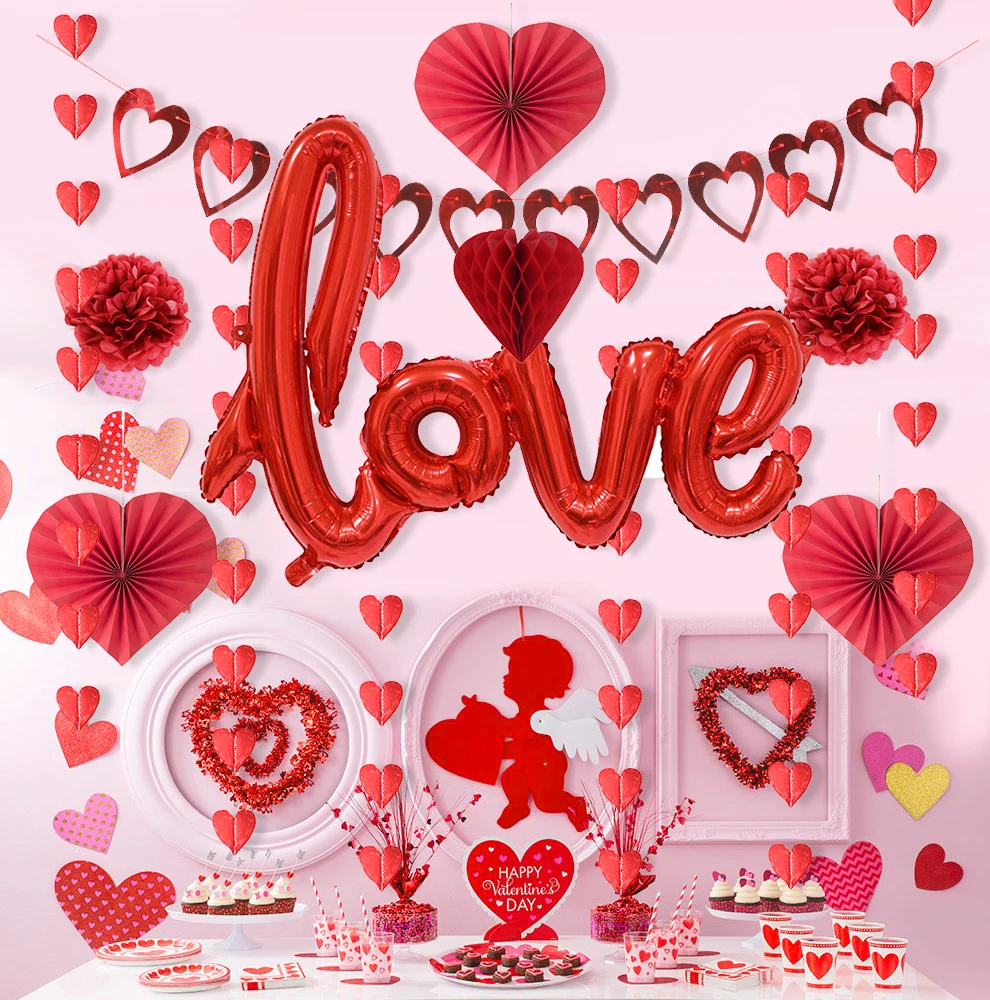 

7pcs Red Glitter Flake Hearts String Banner Wedding Props Couple Party DIY Decoration Girl Lovely Room Hanging