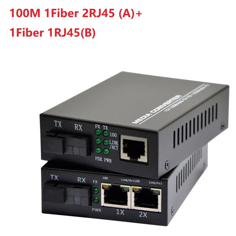 Transceptor de fibra óptica, 1 par, 10/100M, 1 puerto de fibra, 2 puertos RJ45 y 1 fibra, 1 convertidor de medios de fibra óptica de modo único RJ45