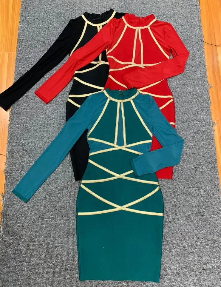 

Women Sexy Winter Mesh Long Sleeve Red Green Bandage Dress Designer Elegant Evening Celebrity Party Dress
