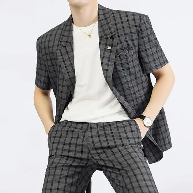 

Лето 2021, модные мужские костюмы в клетку с коротким рукавом, элегантные мужские костюмы из двух частей с принтом в клетку и шахматами в Корей...