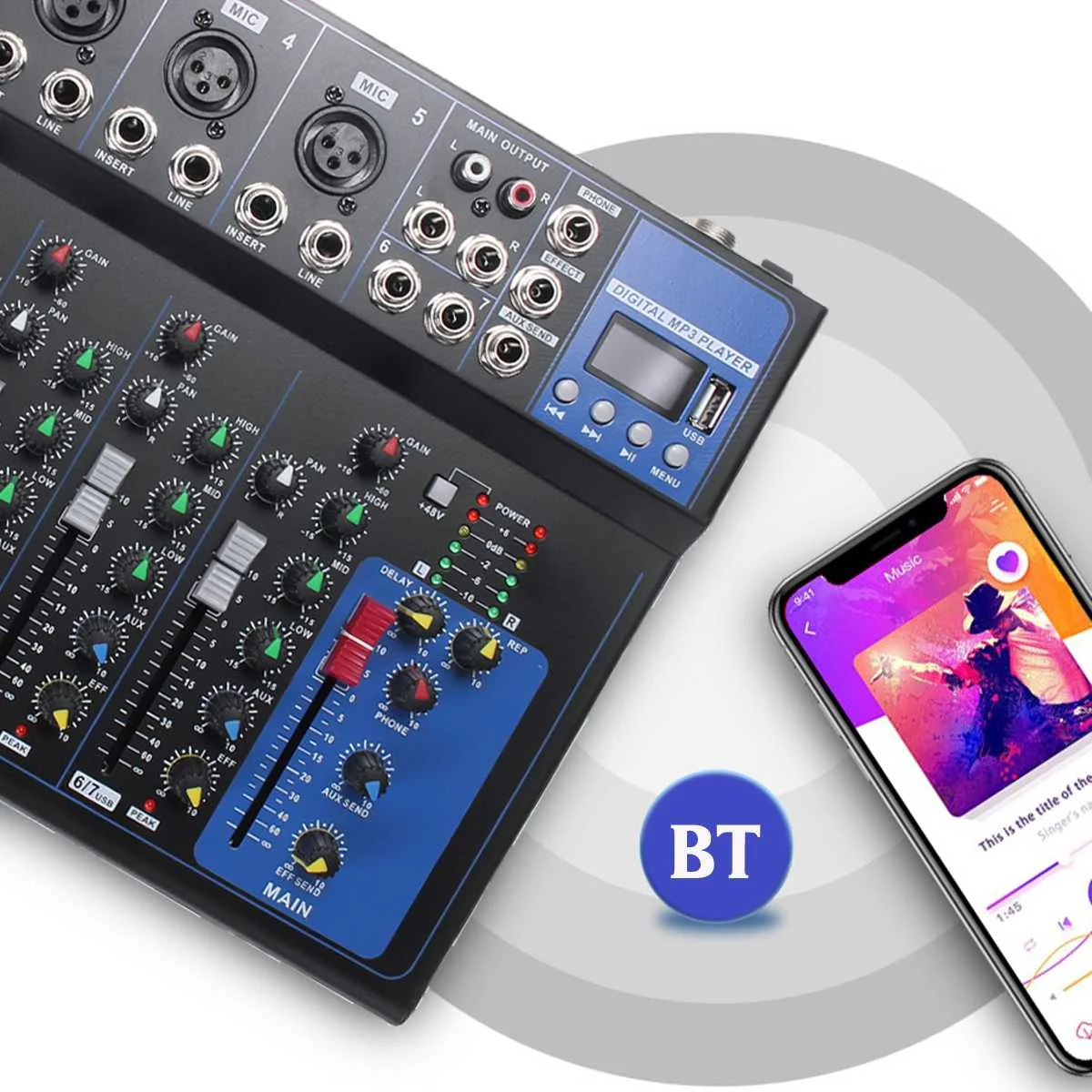 Bluetooth Портативный аудио смеситель w/USB DJ микшерная консоль MP3 Jack 7 канал караоке 48V