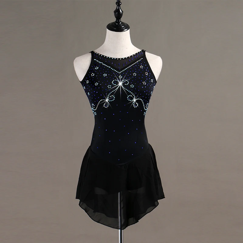 

Женское платье для соревнований по бальному танцу, без рукавов, с черными/синими бриллиантами, одежда для катания на коньках, сценических представлений DQL3266