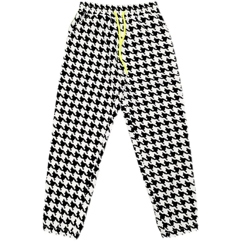 

2021 Summer High Waist Houndstooth Pants Women Fashion Streetwear Plaid Patchwork Trousers Women Elastic Waist Harlan Pants