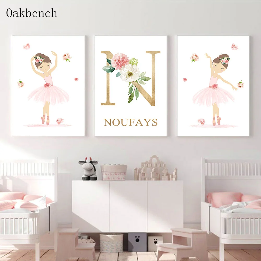 

Ballet Girl Wall Painting Custom Name Canvas Poster Nursery Art Print Flower Posters Nordic Wall Pictures Baby Girl Room Decor