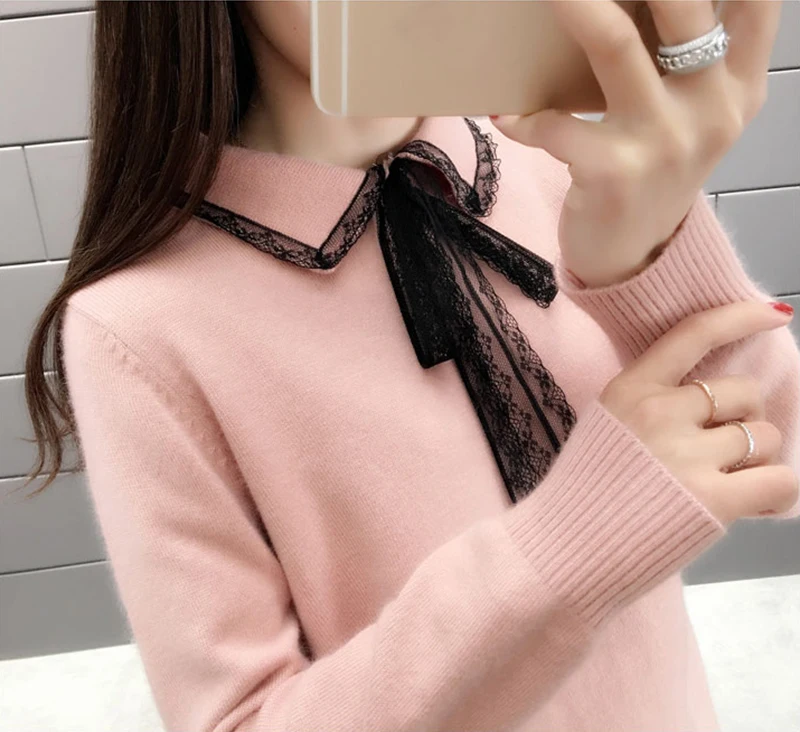 Laides Sweet Solid Sweater Chic Lace Patchwork Knitting Pullovers Turn-dowm Collar Up Knitted Ladies Causal | Женская одежда