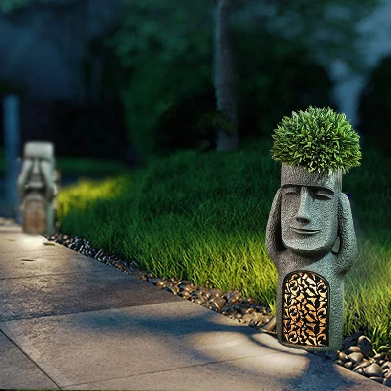 

No See/Hear/Speak Evil Garden Easter Island Statue Flower Pot with LED Light Sculpture Planter Outdoor Yard Patio Decoration