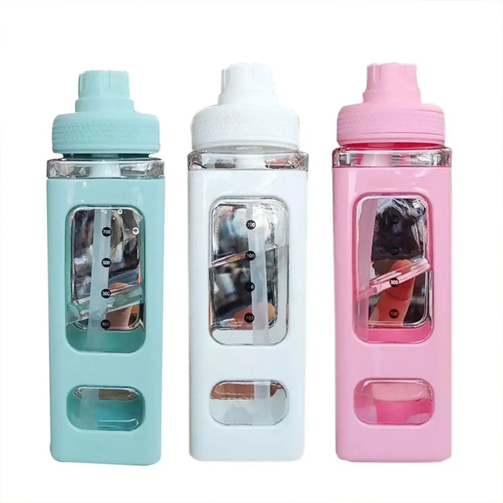 

Sport Water Bottle 700ml Large Capacity Square Bottle Portable Leak-protective Kettle With Straw For Cycling Camping Fitness