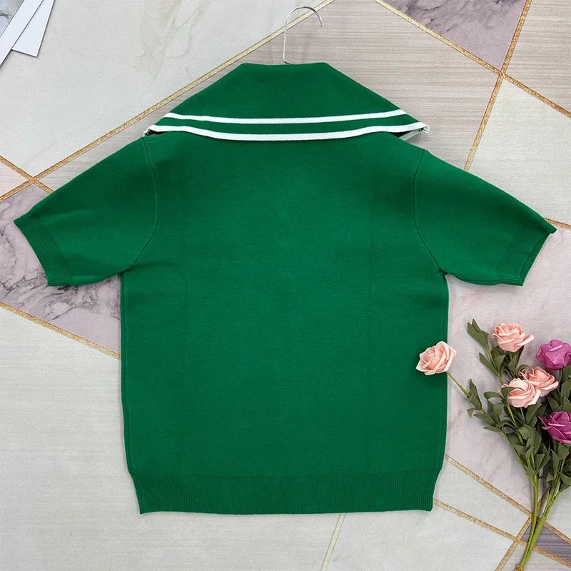 2021 Summer New Fashion Tops Casual Loose Sailor Collar Short Sleeve Knit Sweater Women