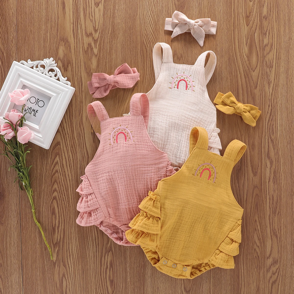 0-24M Newborn baby Girls Boys Rainbow Ruffles Romper Sleeveless Backless Bodysuit +Headband Clothing For Summer | Мать и ребенок