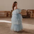 Светильник-голубое длинное Тюлевое женское платье без бретелек женское Многоярусное Тюлевое эластичное весеннее платье Yong для девушек Женская праздничная одежда