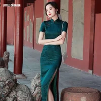 green chinese costume lace cheongsam dresses 2022 lace vintage dress slim peony qipao women long sleeve green chines clothing