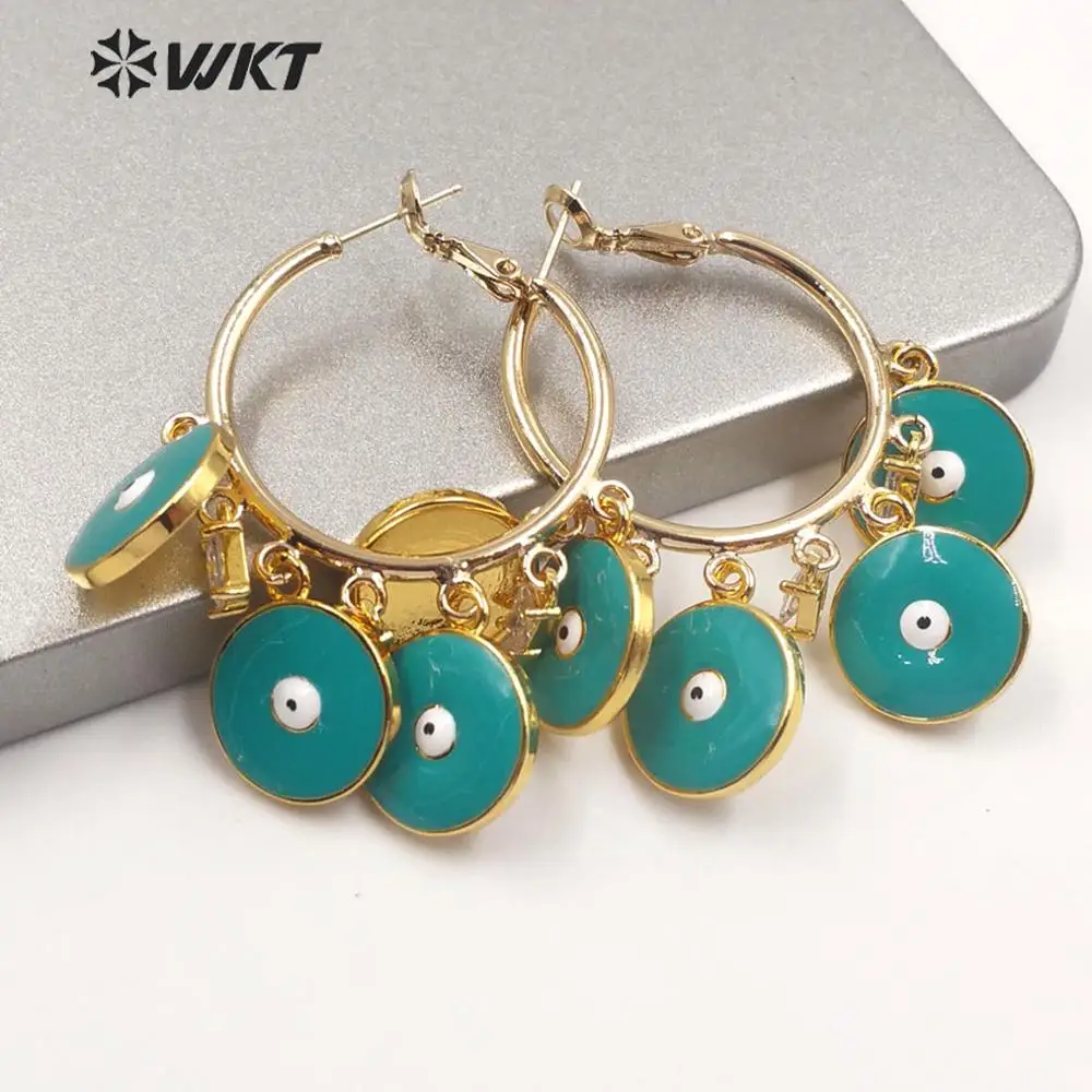 

WT-E630 Hot populared round eye charm dangling earrings gold electroplated round hoop charm women earrings for party