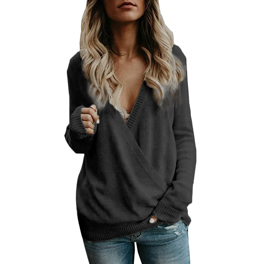 Women Sexy Knitted Deep V Neck Long Sleeve Wrap Front Loose Cross Sweater Pullover pull femme nouveaute 2019 | Женская одежда