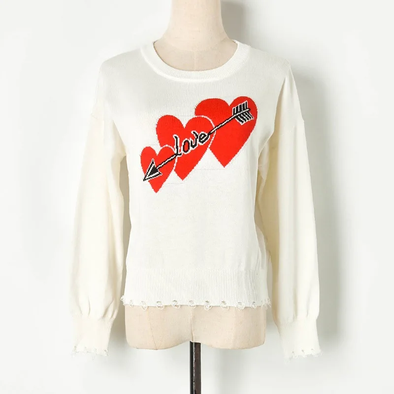 Женский укороченный свитер из смешанной шерсти трикотажный пуловер с сердечками