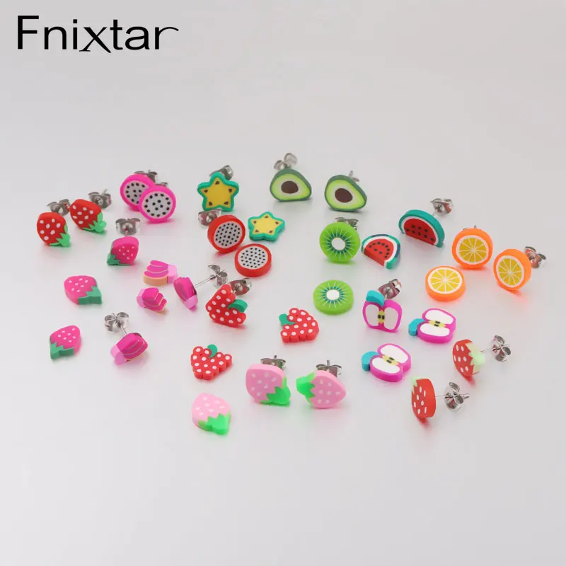 Fnixtar 50 пар сережек с фруктами сережки из глины нержавеющей стали 2020 модные