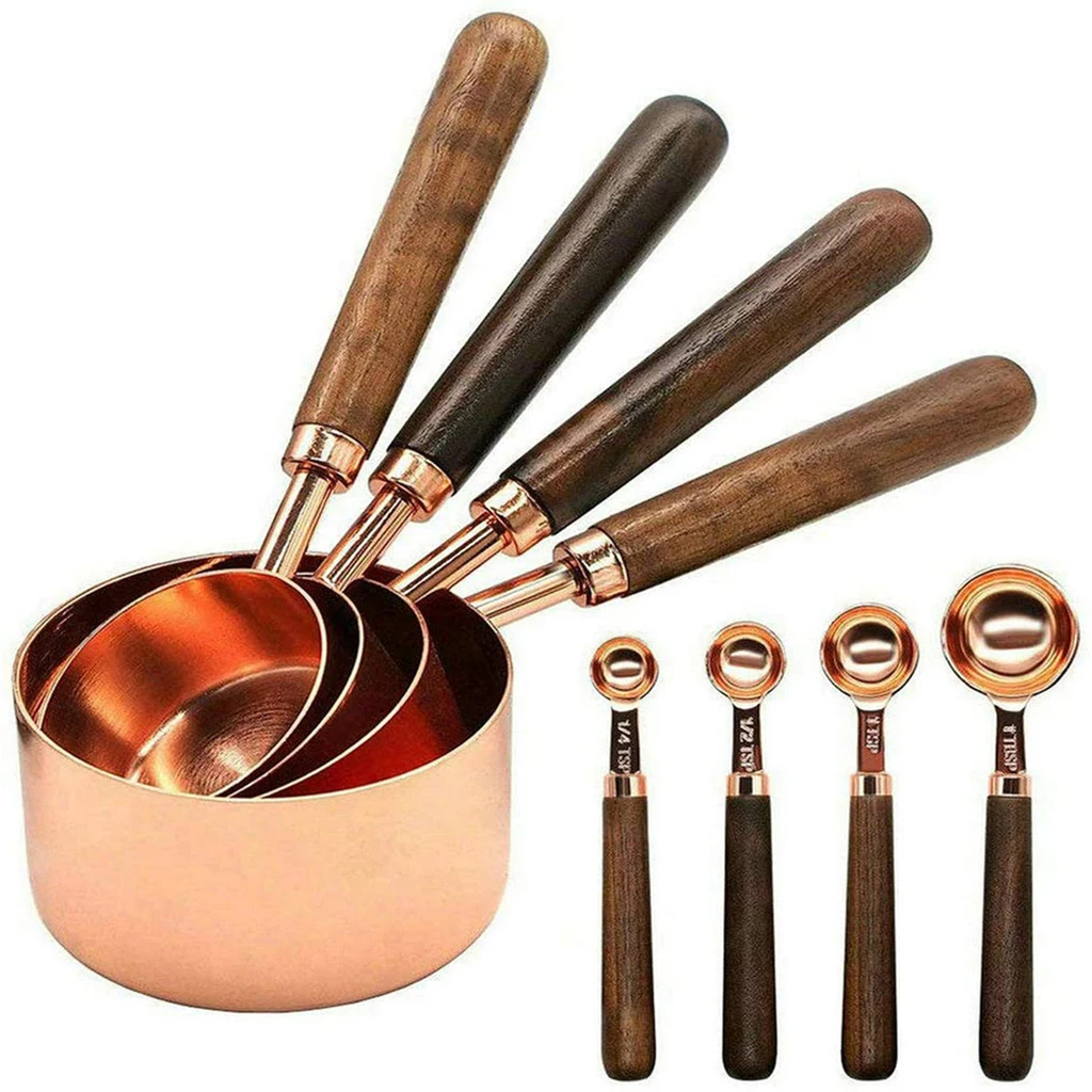

Walnut Handle Stainless Steel Measuring Spoons Cups Set Kitchen Gauge Flour