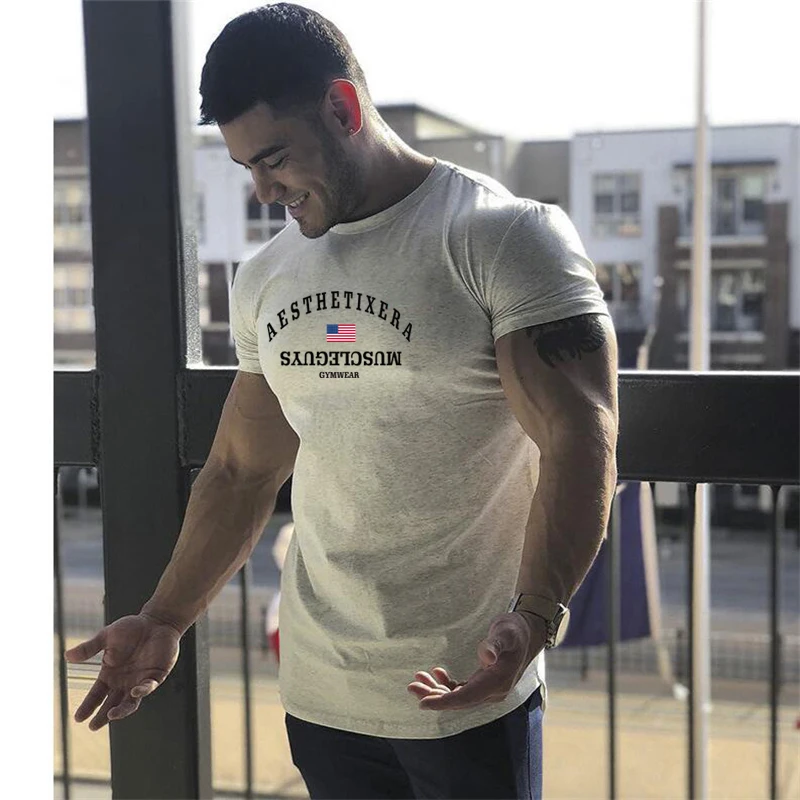 Мужская футболка мускулы мальчики тренажерные залы фитнес топы бодибилдинг