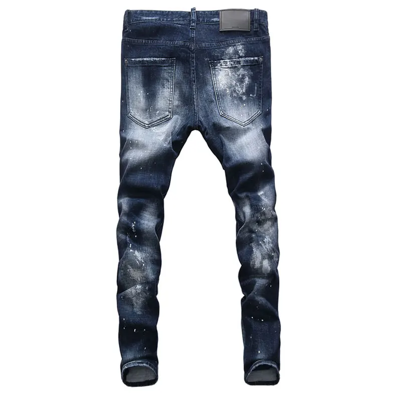 European Street Fashion Men Jeans Retro Dark Blue Distressed Slim Fit Ripped Jeans Men Painted Designer Hip Hop Denim Punk Pants