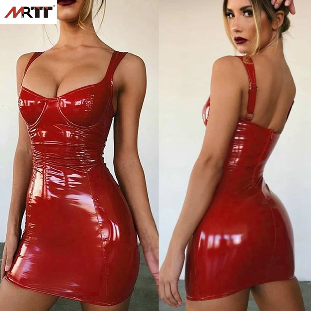 

Sexy Backless Club Party Short Dress Women Sexy/Sissy Dress Latex Faux Leather Bodycon Party Club Dress Solid Sexy Dress