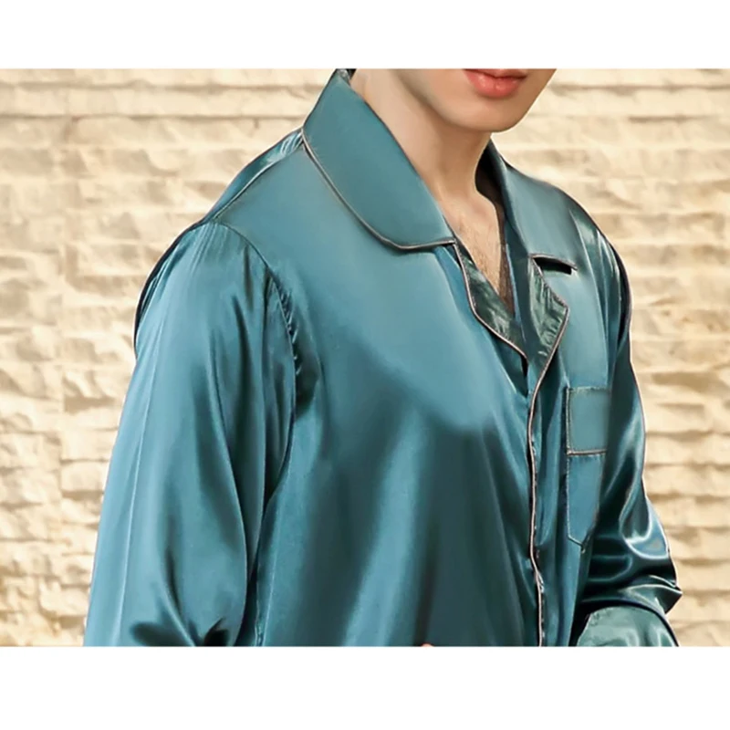 New Men Satin Silk Pyjamas Set Long Sleeve Sleepwear Male Leisure Home Clothing Modern Style Soft Cozy Open Stitch Lake Blue