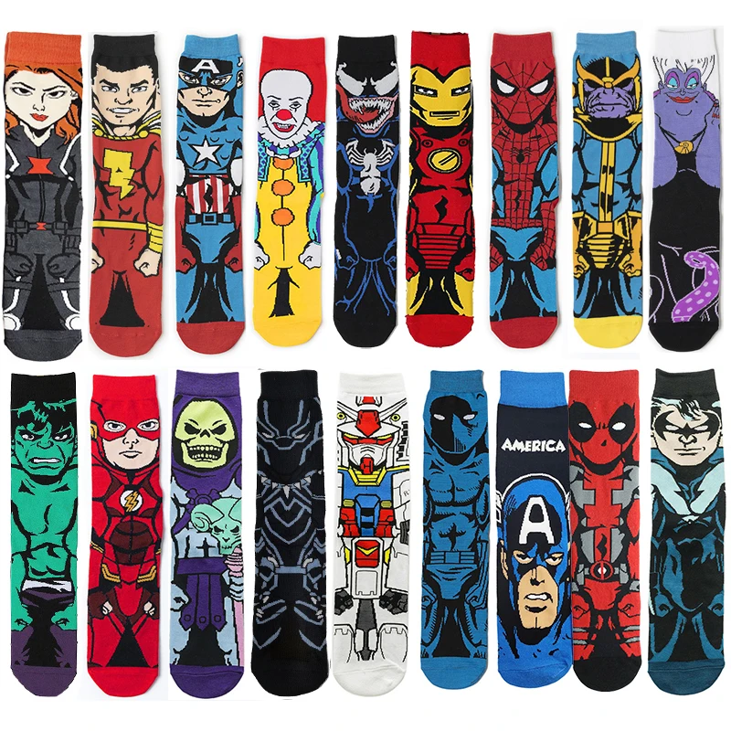 

Disney Anime Socks Men Venom Spiderman Ironman Captain America Cartoon Novelty Funny Socks Skateboard Hip Hop