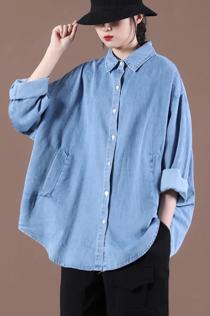 

SuperAen Spring Dress 2021 New Women's Korean Loose Big Size Fashion Big Pocket Water Wash Blue Denim Blouse