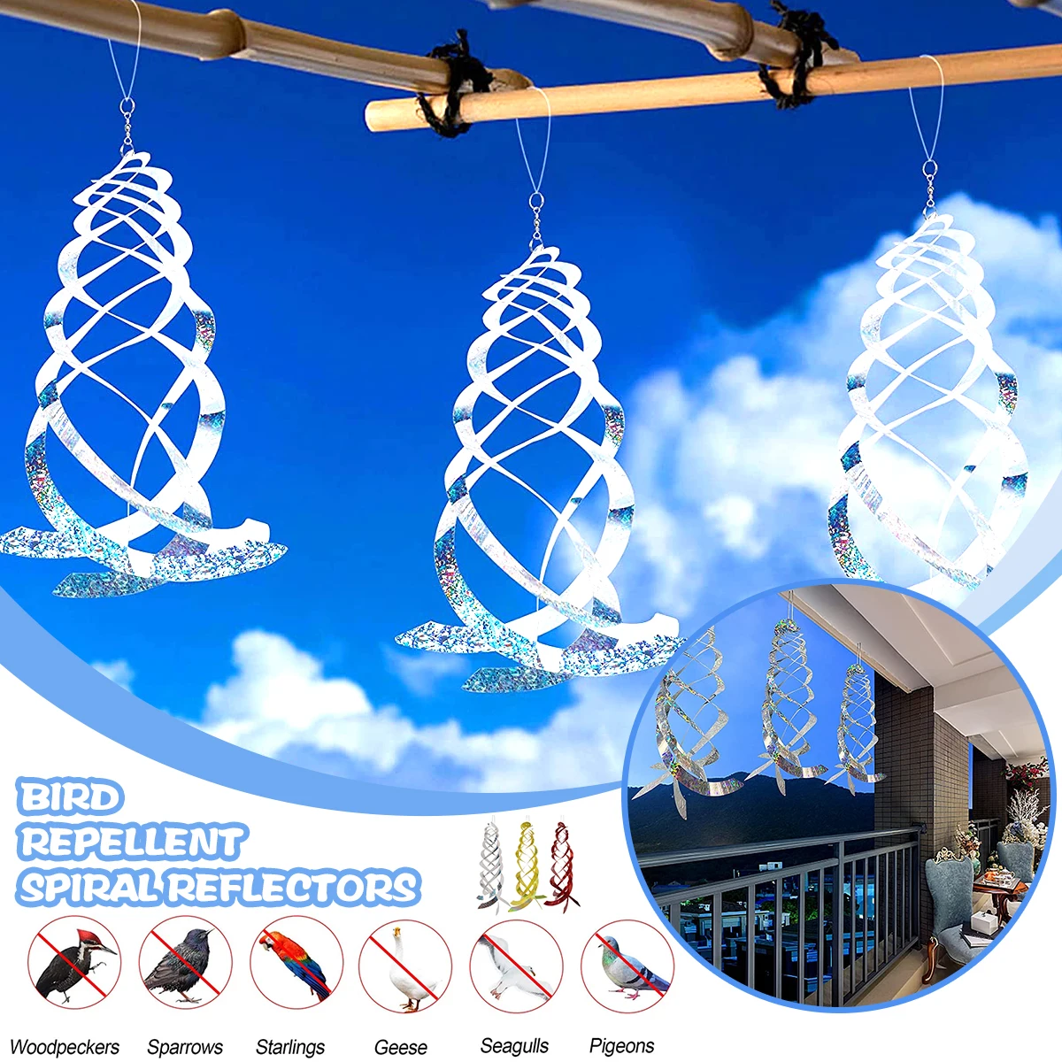 

Bird Repellent Spiral Reflectors Silver Wind Spiral Hanging Reflective Birds Deterrent Device for Protecting Windows and Gardens