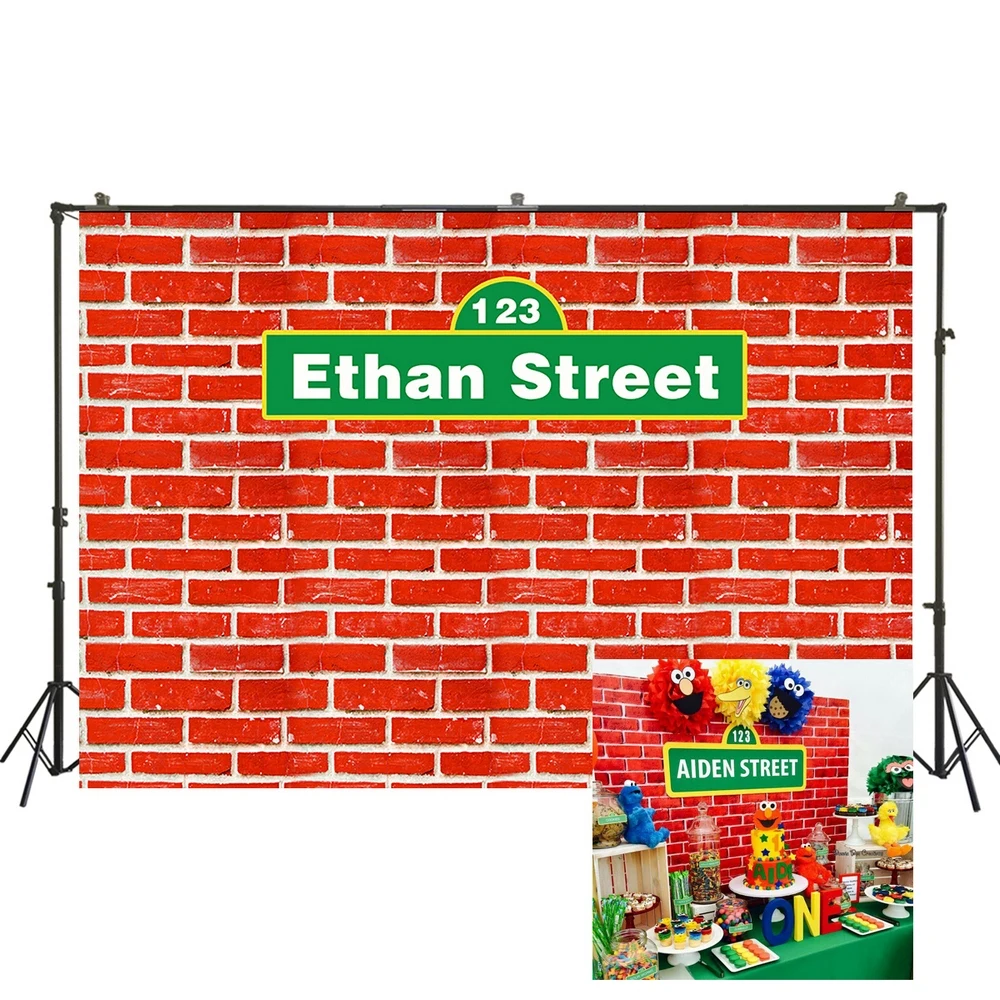 Красная кирпичная стена с героями Улица Сезам фон новорожденный день рождения