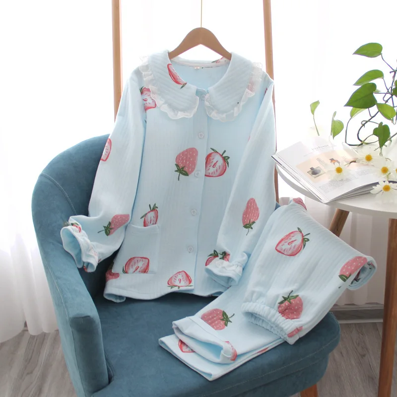 

Autumn And Winter Warm Women's Pajamas Set Air Layer Cotton Thickened Trouser Suits Home Clothes Ruffle Doll Collar Sleepwear