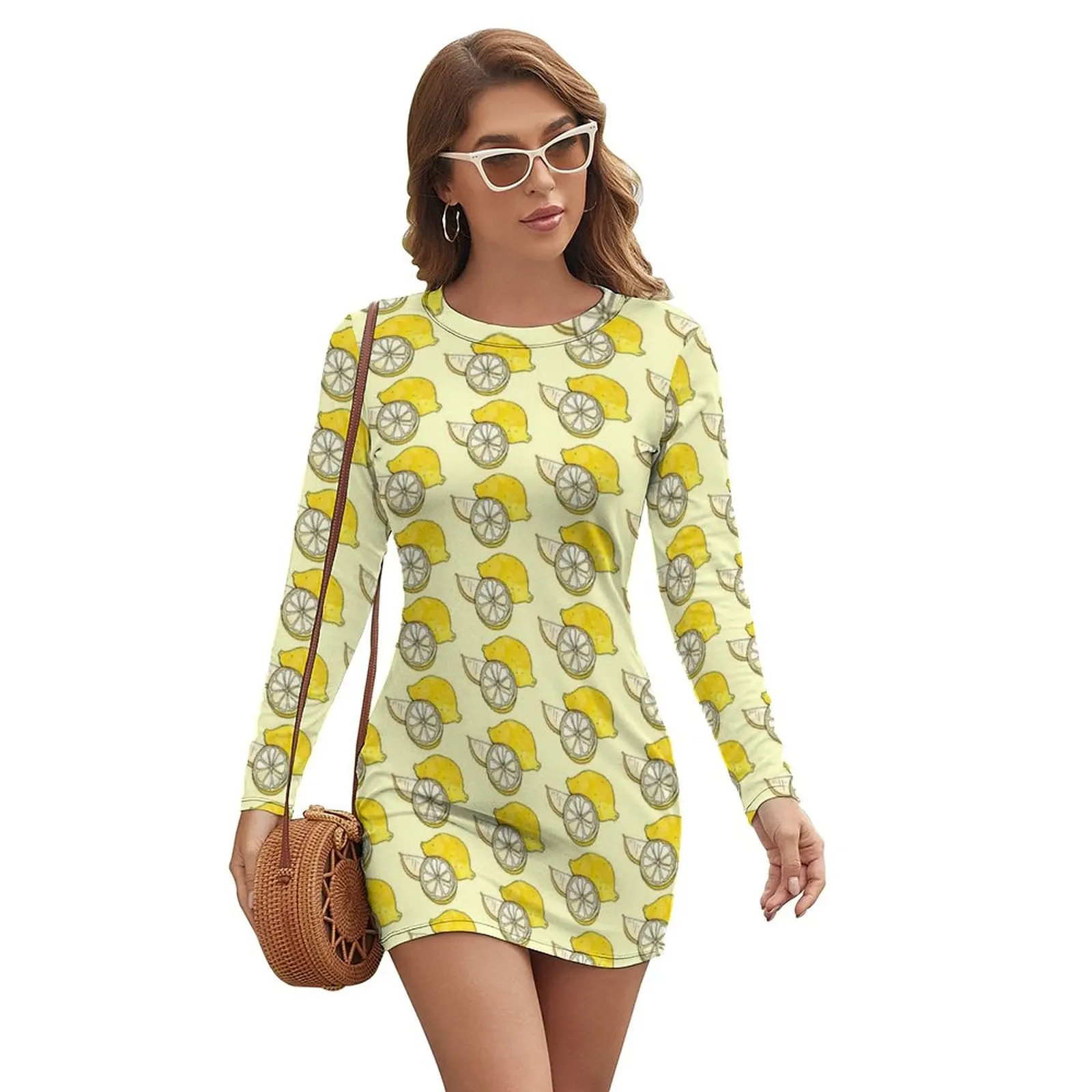 

Lemon Dress Long Sleeve Pattern Spring Bodycon New Ladies Polyester Style One-Piece Dress