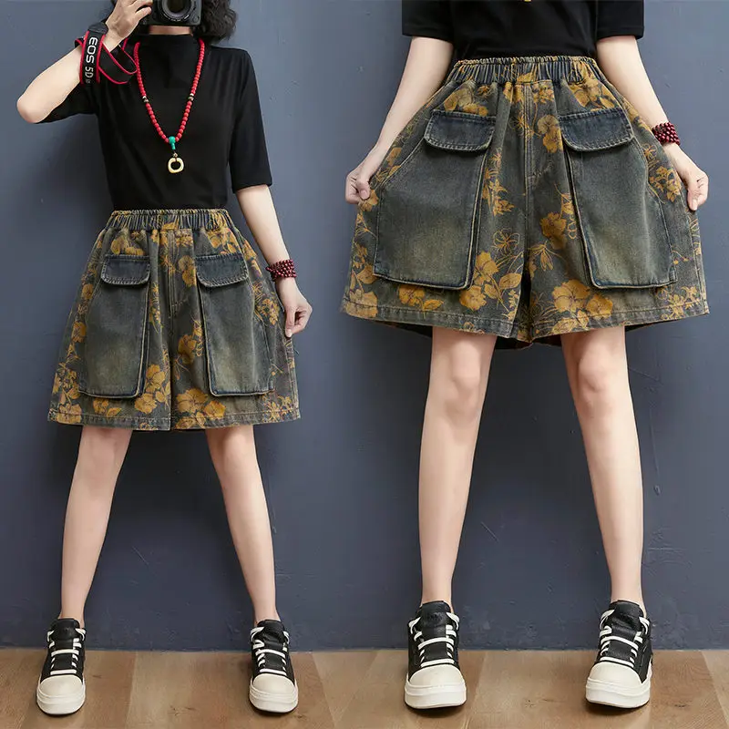 

Retro Printed Denim Shorts Women 2021 Summer New Loose Big Pockets High Waist A-Line Wide Leg Five-Point Jeans Trend zh1289