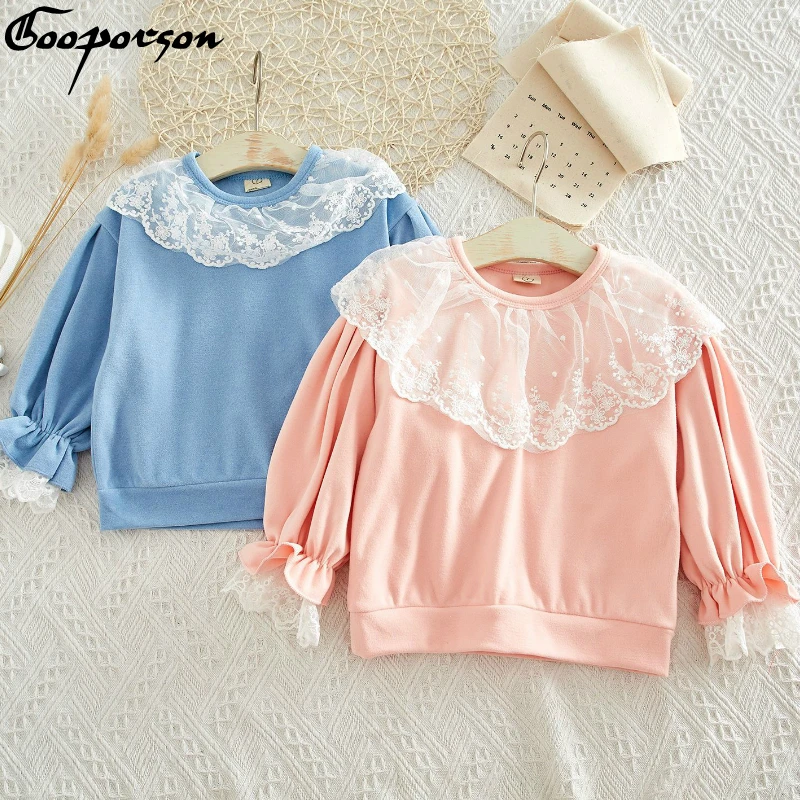 

Осенняя детская толстовка, рубашка для девочек, Однотонная рубашка с длинным рукавом и кружевом, модная базовая детская одежда, пуловер, руб...