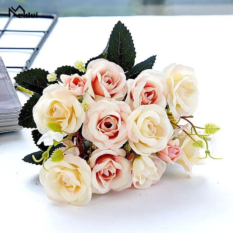 

Искусственные розы из 5 ветвей, свадебный букет из 10 шелковых цветов для украшения дома, вечеринки, стола, Осеннее украшение, искусственный ц...
