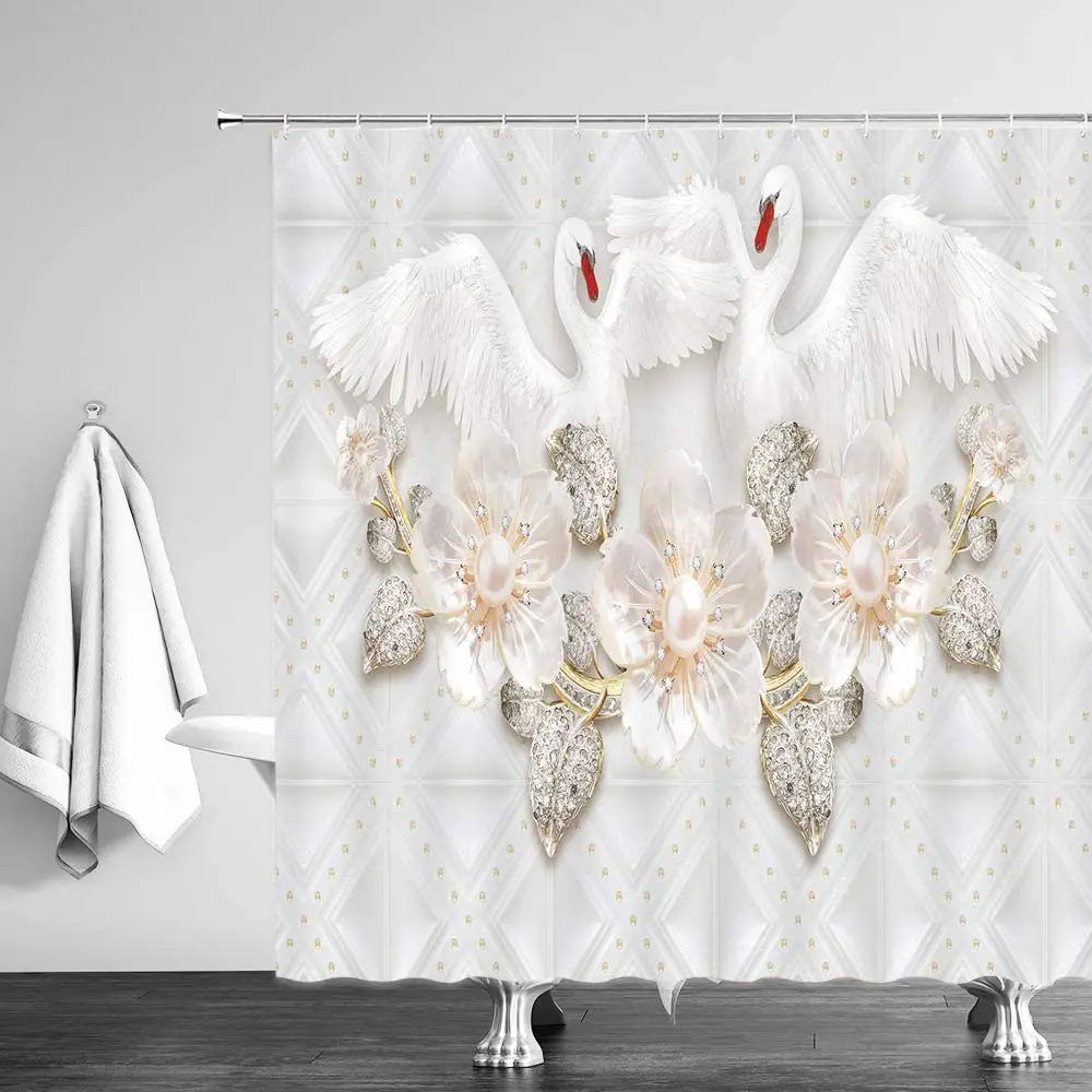 relief white flowers swan shower curtains pearl diamond design water 3d printing bathtub decor hooks fabric bathroom curtain set free global shipping