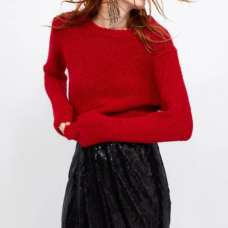 ZA женский свитер осень зима красный зеленый круглый вырез Толстый Пуловер