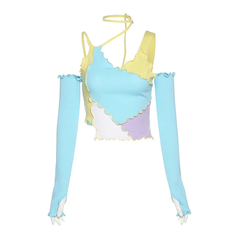 

Zomer Zoete Leuke Patchwork Schouder Tee Shirts Contrast Kleur Mode Stiksels Halter Halter Vest Casual Lange Mouwen Crop Tops