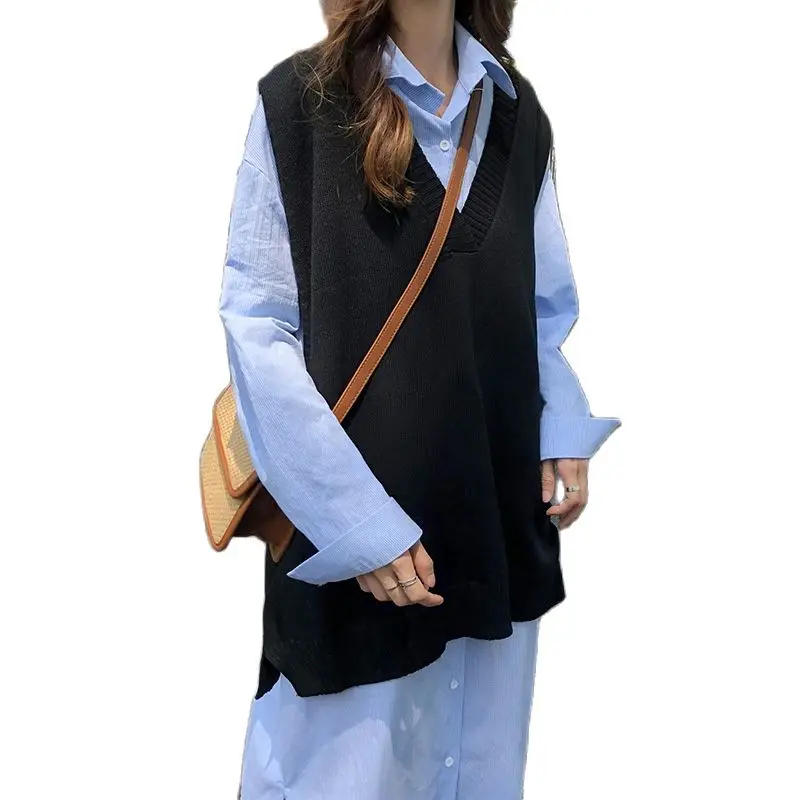 

Sweater Vest Women Solid V-neck Loose Plus Size Simple Classic Elegant Office Ladies Vests Ulzzang Chic Leisure New Knitting