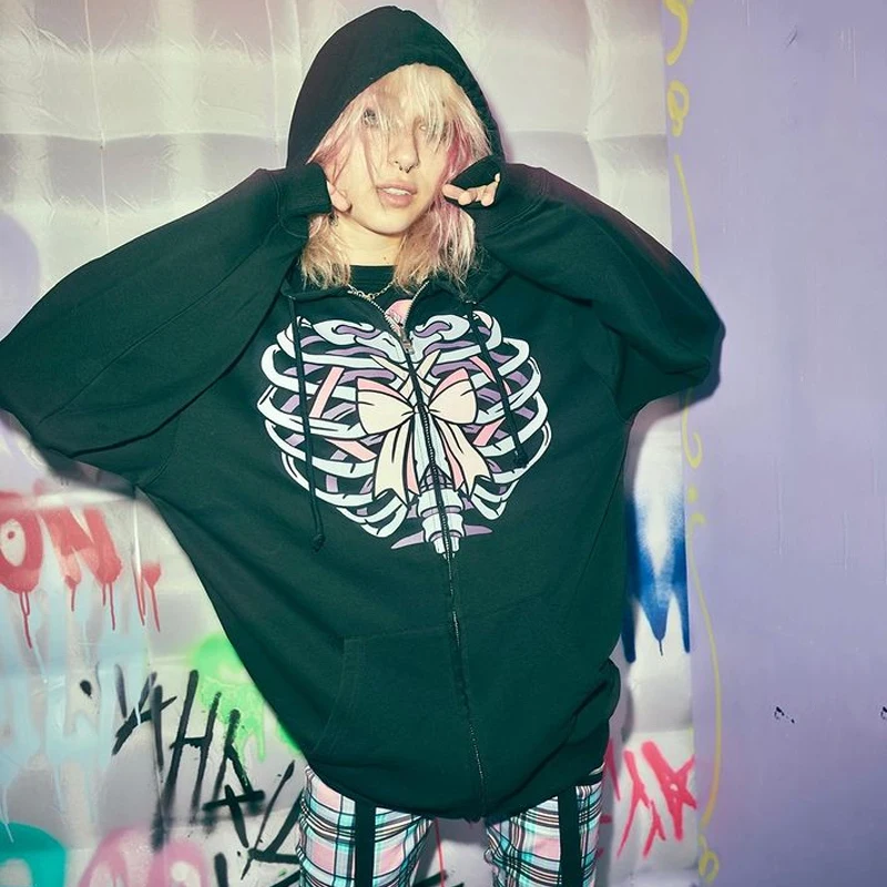 

Повседневные зеленые женские толстовки с круглым вырезом и принтом скелета, Женская свободная толстовка на молнии с длинным рукавом, Осенн...