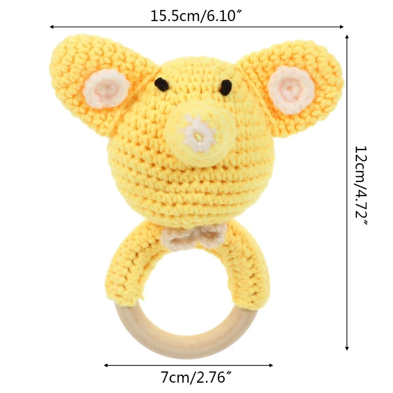 

Cartoon Crochet Elephant Rattle Baby Wooden Teether Ring Infant Teething Toys