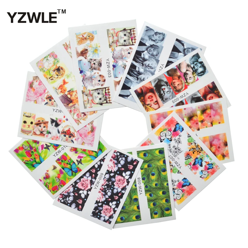 

YZWLE 10 Sheets DIY Decals Nails Art Water Transfer Printing Stickers Accessories For Manicure Salon