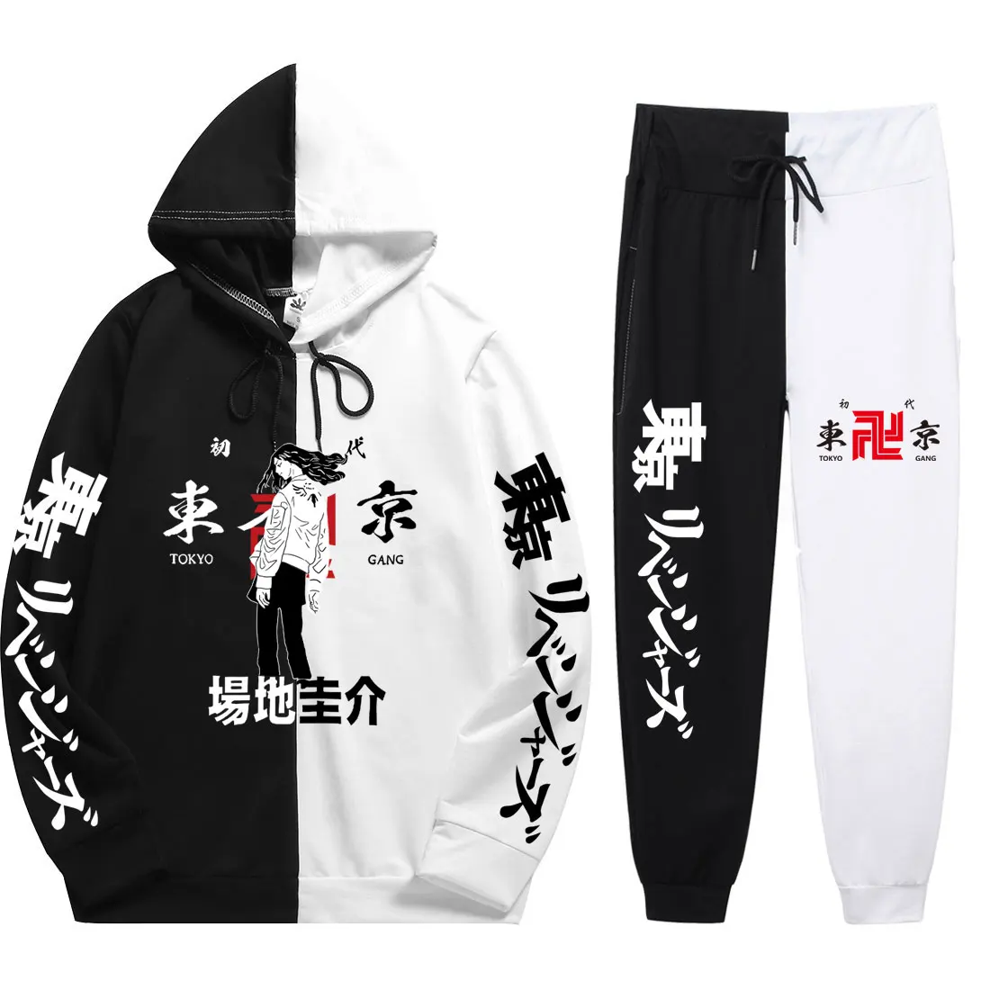 

Hot Summer 2 Pieces Sets Japan Anime Tokyo Revengers Print hoodies sets Loose Simplicity Patchwork Thin Hoodie+Patchwork Pants