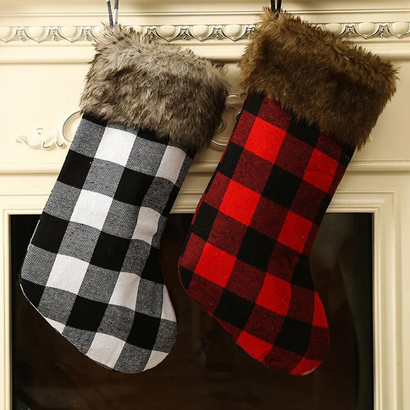 

New Year Christmas Stocking Sack Xmas Gift Candy Bag Christmas Decorations Christmas ornament red black grid christmas stocking